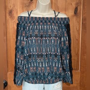 Jessica Simpson Blue and‎ Black Off-Shoulder Top